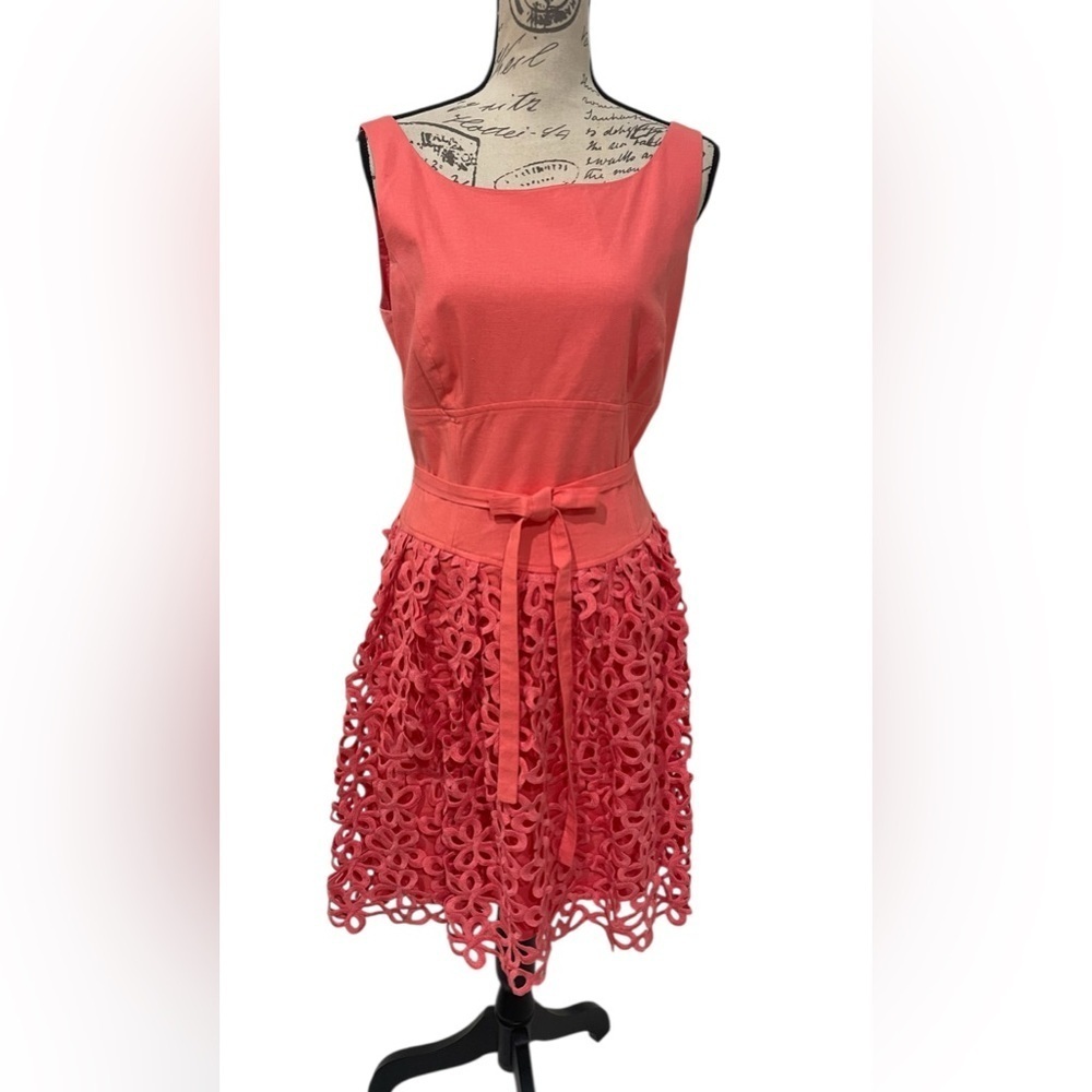 Antonio Melani Coral Linen Blend Guipure Lace Fit & Flare Dress Sz 10